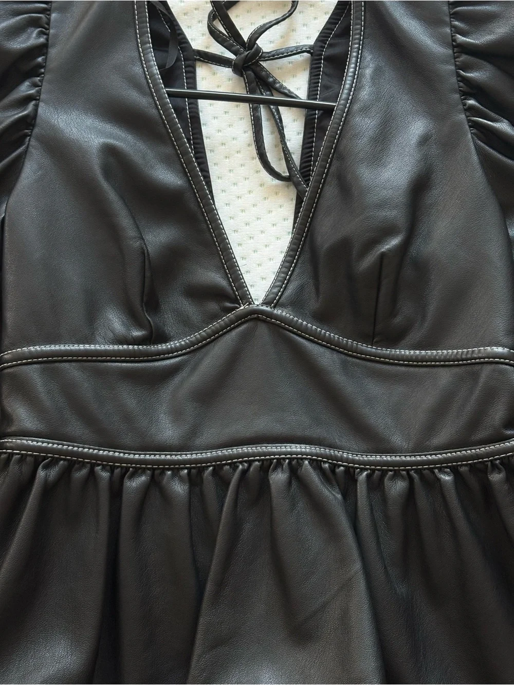STAUD Black Faux Leather Peplum Top with Puff Sleeves